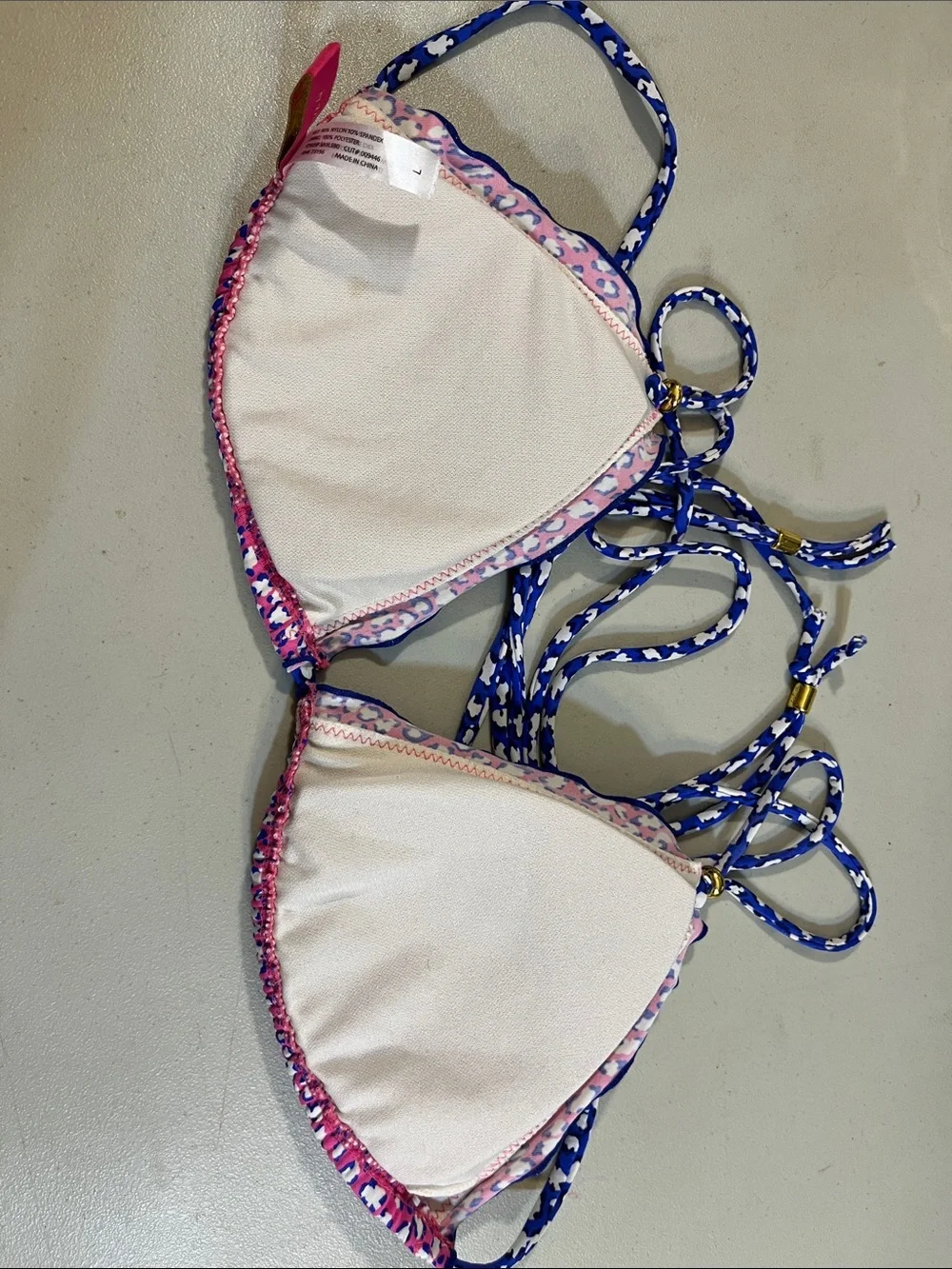 Pink Leopard Print Triangle Bikini Top with Navy Trim
